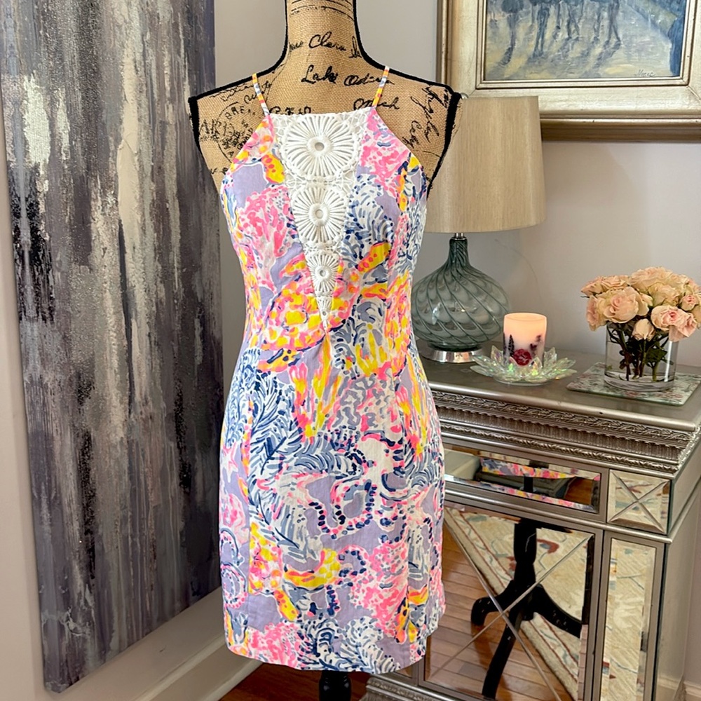 LILLY PULITZER Lace Embroidered Designer halter summer dress purple pink white 2